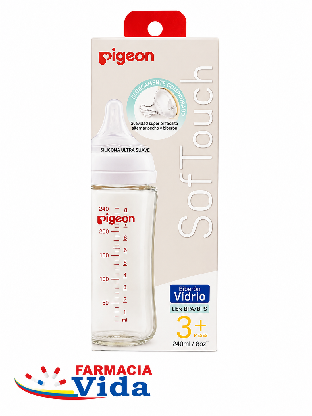 PIGEON BIBERON SOFTOUCH VIDRIO 240ML 3+MESES
