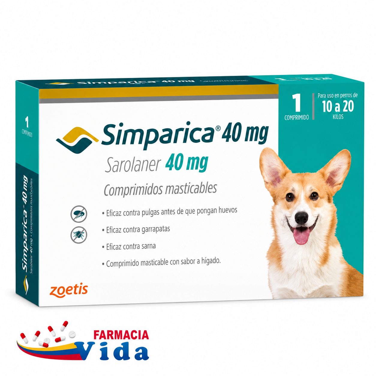1 COMP SIMPARICA 40MG MASTICABLE 10 A 20 KG