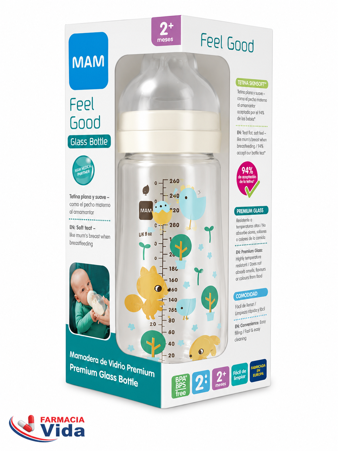 MAM MAMADERA B/ANCHA VIDRIO FEEL GOOD 260 ML